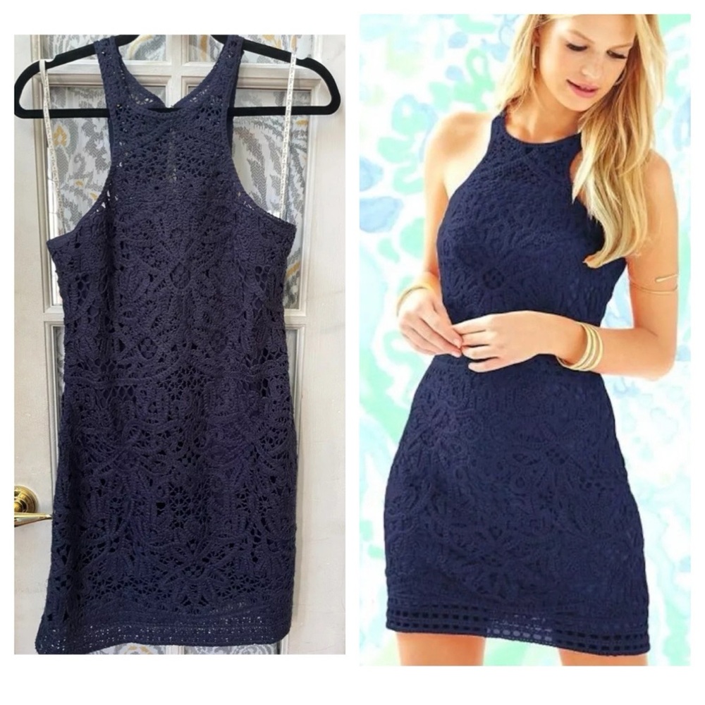 $248 Lilly Pulitzer Jaimie navy blue knit crochet lace shift dress size medium